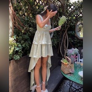 WEWOREWHAT Corset High Low Satin
Charmeuse Maxi Dress in fog green